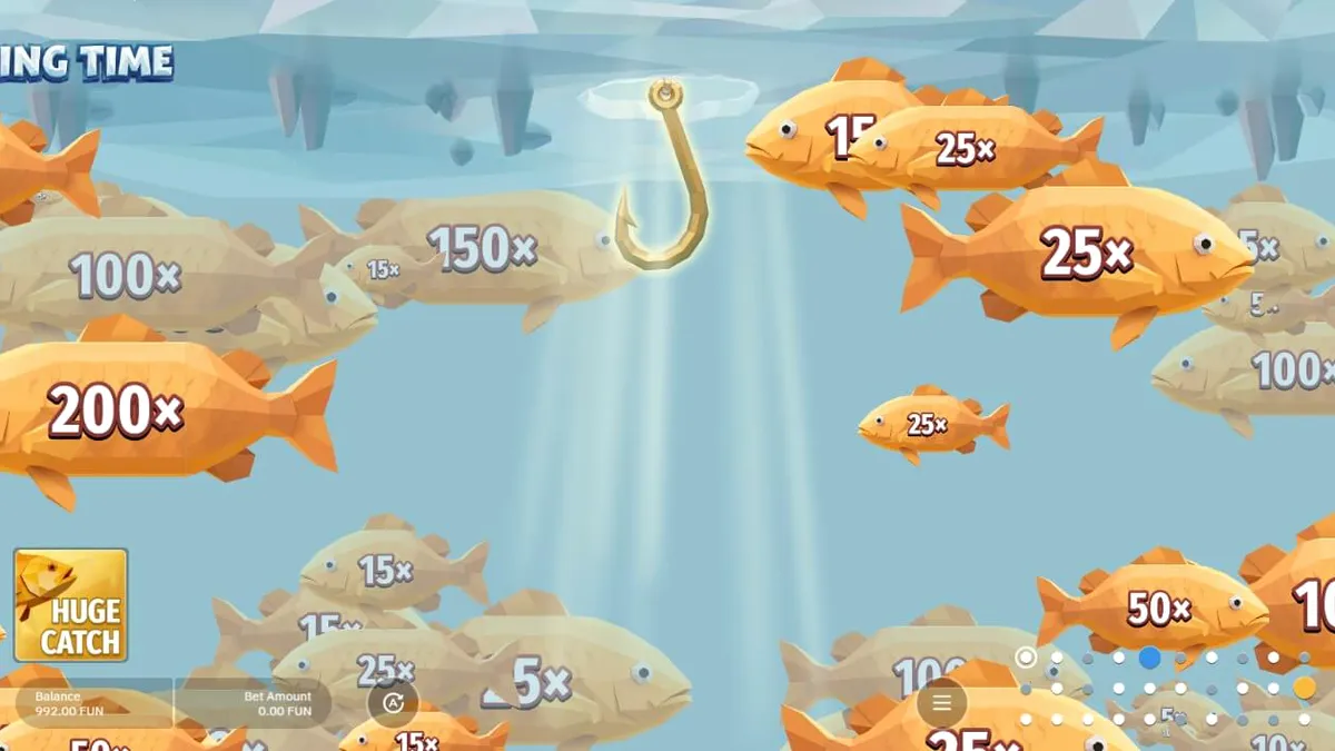 Pemandangan musim dingin yang tenang di Fishing Time dengan roda keberuntungan bertema memancing.