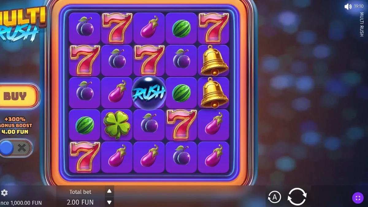 Tampilan visual neon retro dari slot Multi Rush dengan simbol buah dan angka 7.